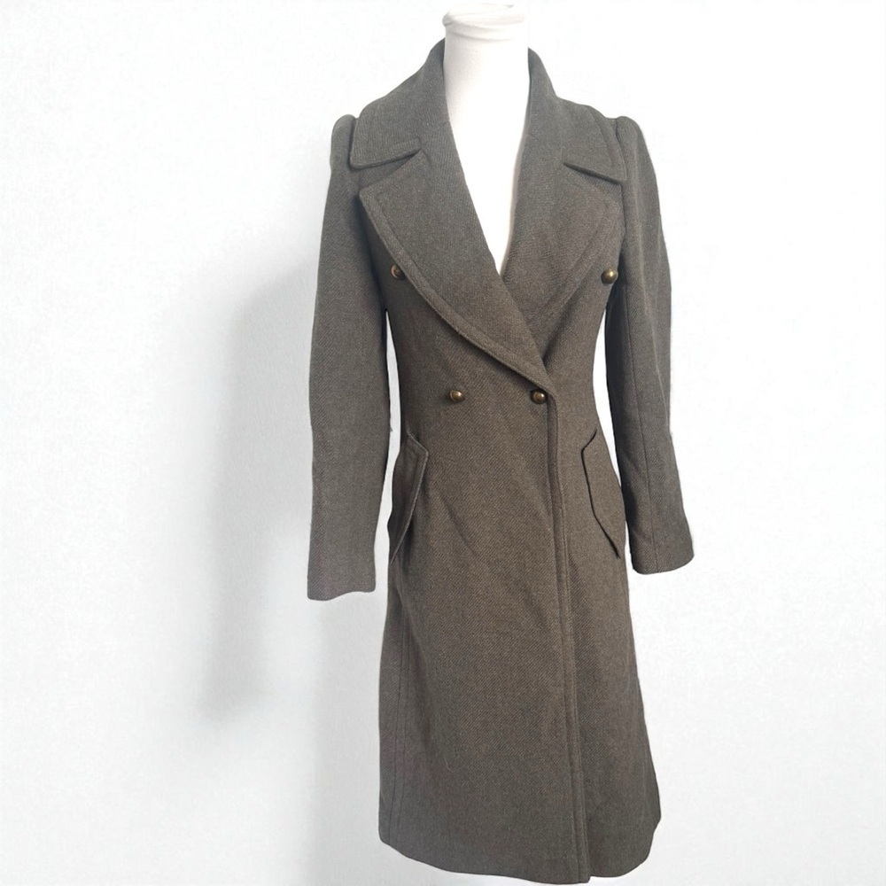 Club Monaco Wool Blend Military Coat | Olive Brown Tailored Longline Jacket XS
